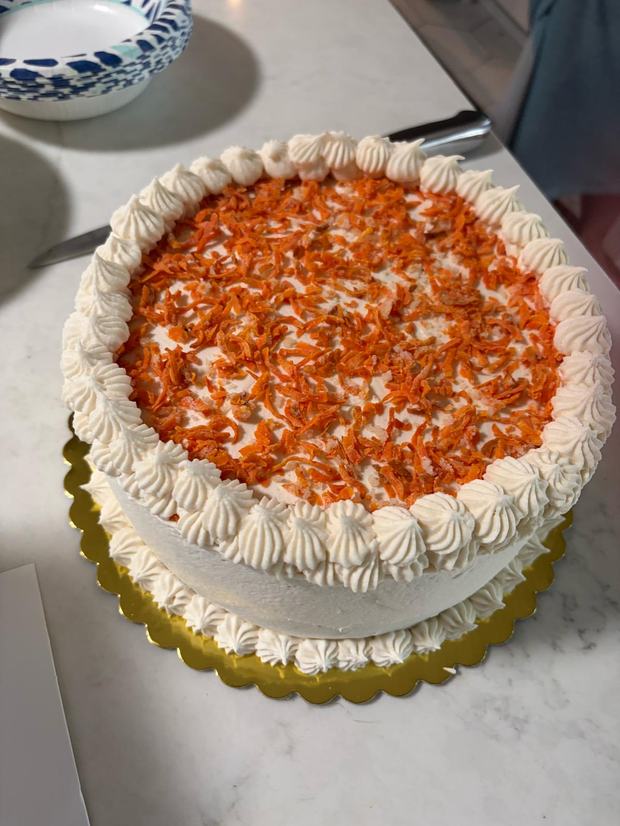 Vegan carrot cake with cream cheese frosting and housemade candied carrots