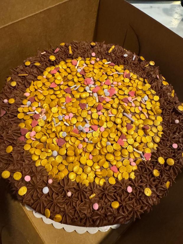 Dark chocolate layer cake finished with gold sprinkles