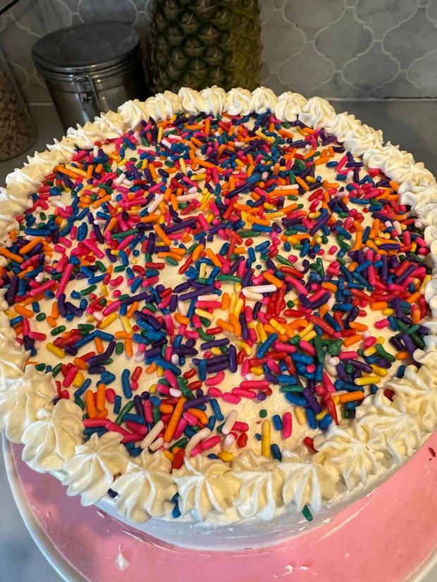 Vanilla layer cake covered in rainbow sprinkles